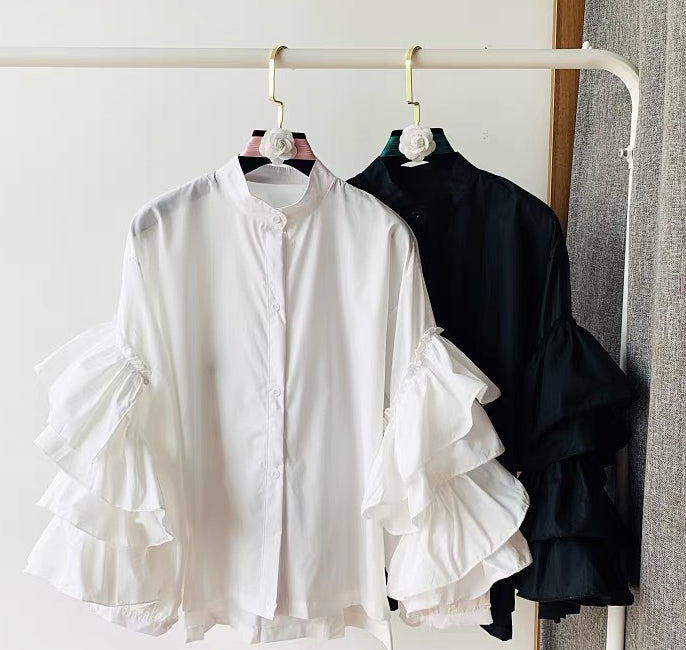 Women multi-layered ruffled Bell Bottom loose-sleeved Stand Collar shirt 8