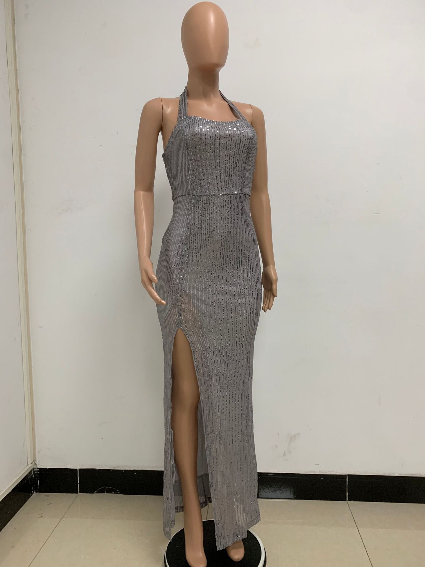 Women Sleeveless Halter Neck Backless Sequin Slit Evening Dress 73