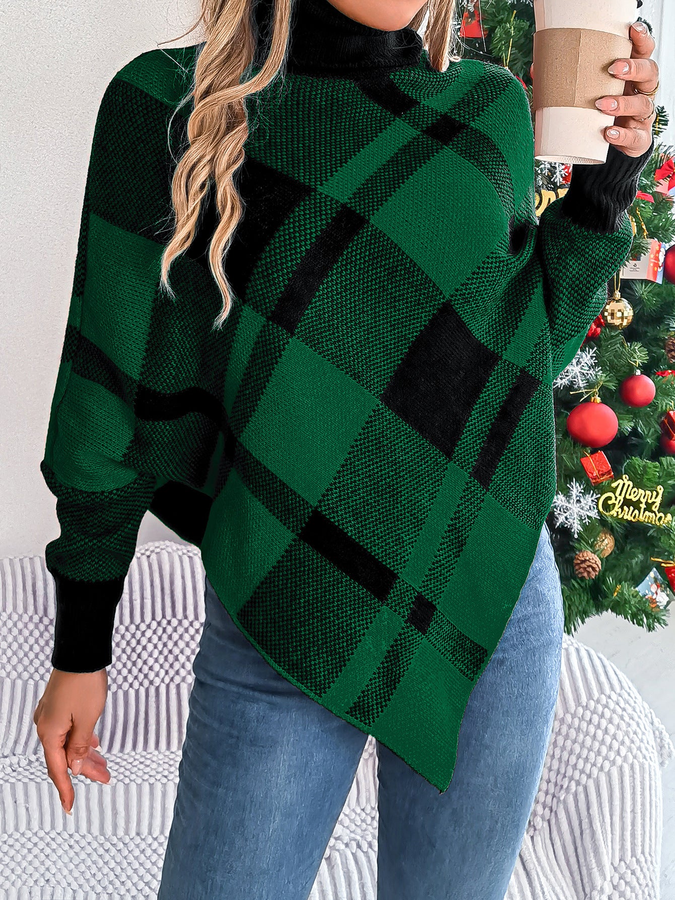 Autumn Winter Casual Contrast Plaid High-Neck Long-Sleeved Sweater Christmas Women's Clothing 8
