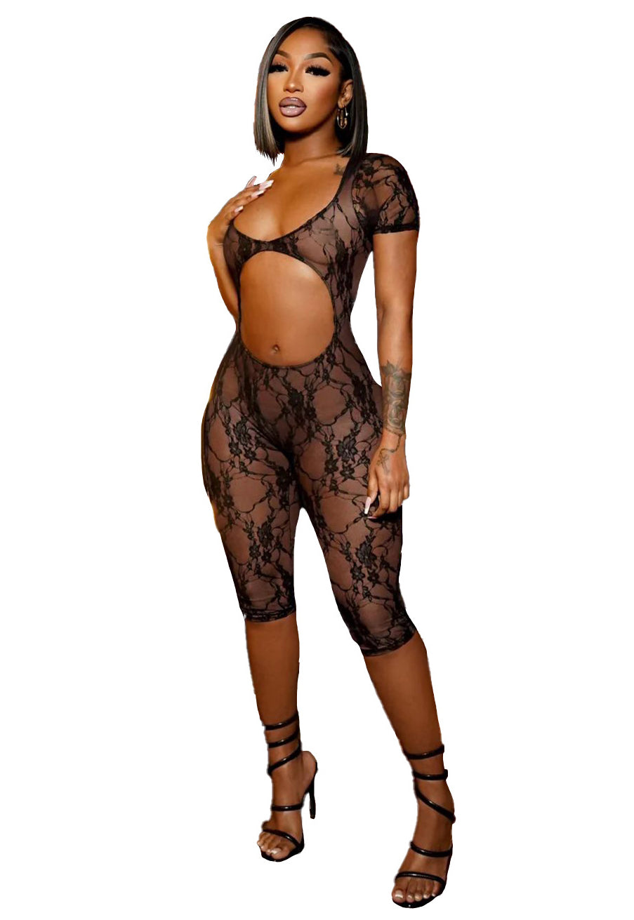 Women's Sexy See Through Lace U Neck Short Sleeve Jumpsuit 3
