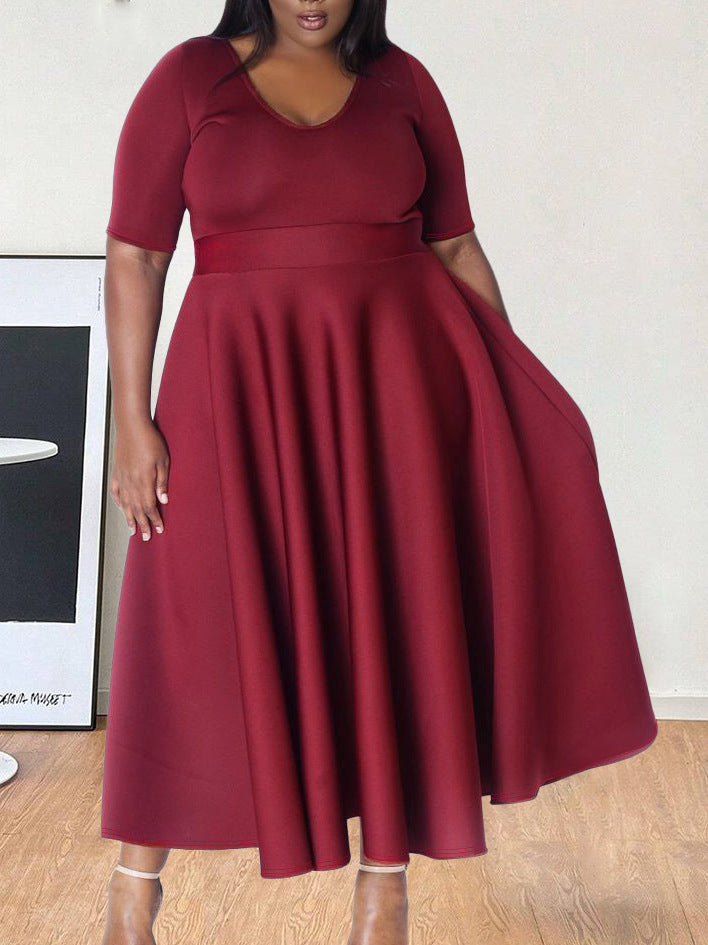 Women's Plus Size Elegant Slim Waist Round Neck Short Sleeve Solid Color Dress 3