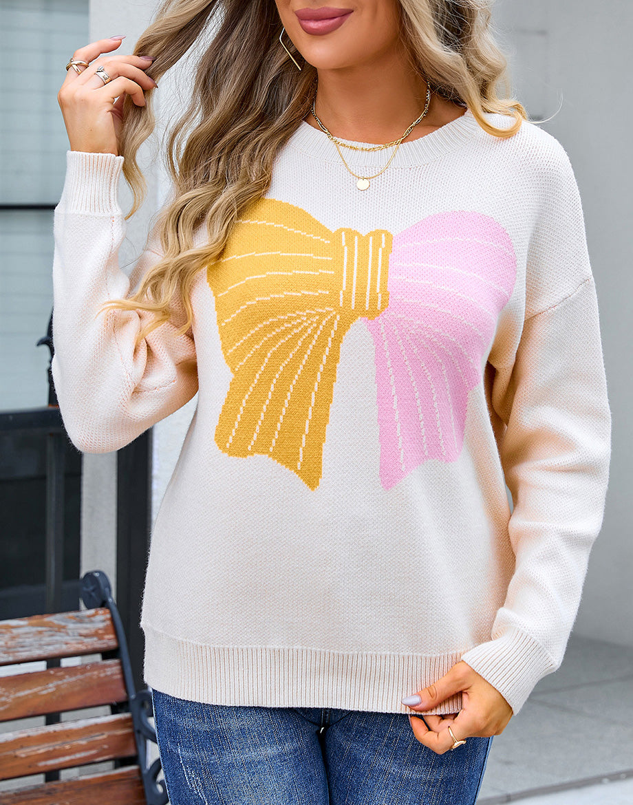 Autumn Winter Sweater Women's Bow Color Matching Knitting Pullover Shirt 23