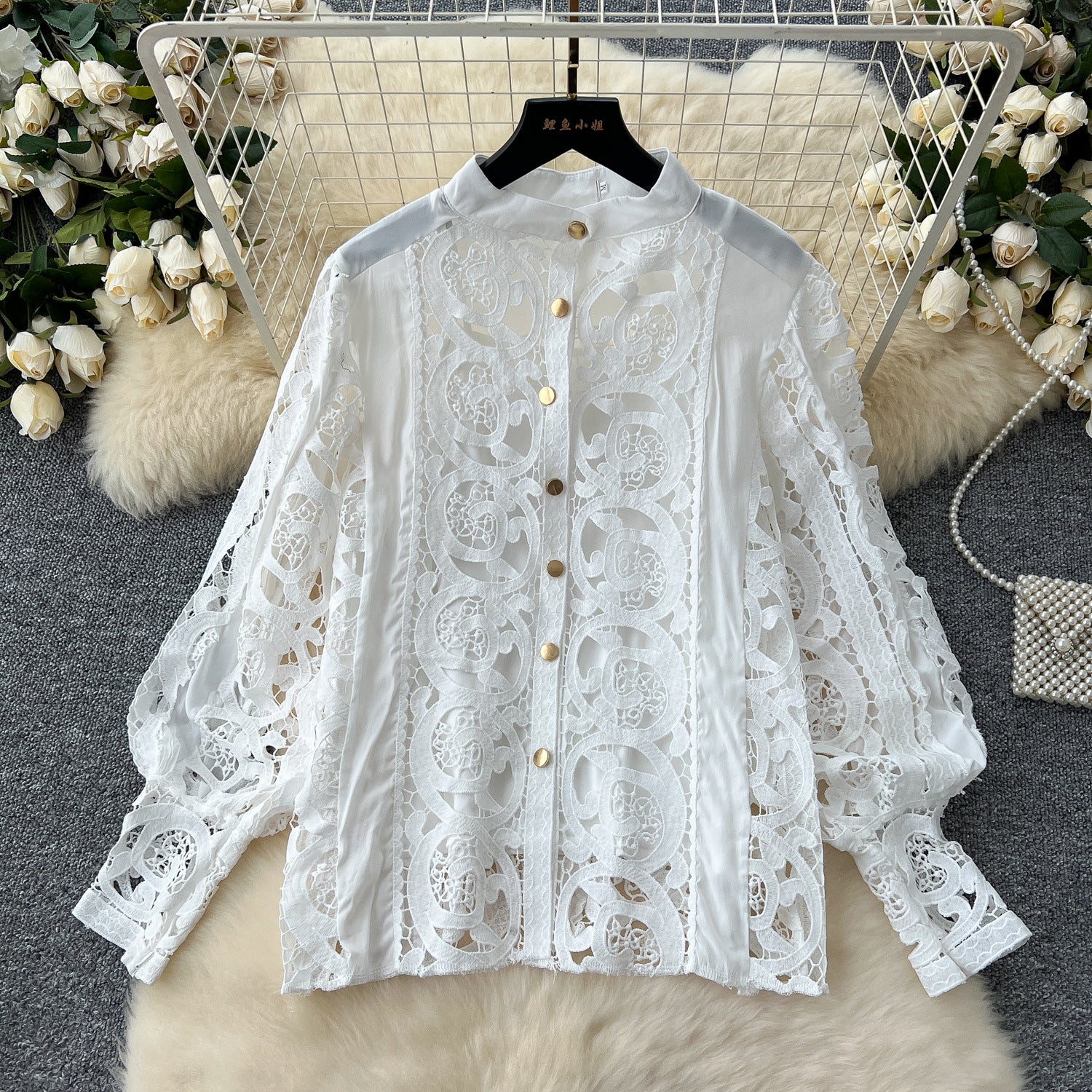 Autumn Lace Sheer Embroidered Blouse High Waist Midi Skirt Set 10