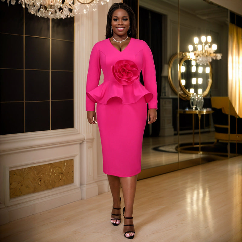 Women V-neck Long Sleeve Ruffle Formal Party Dress