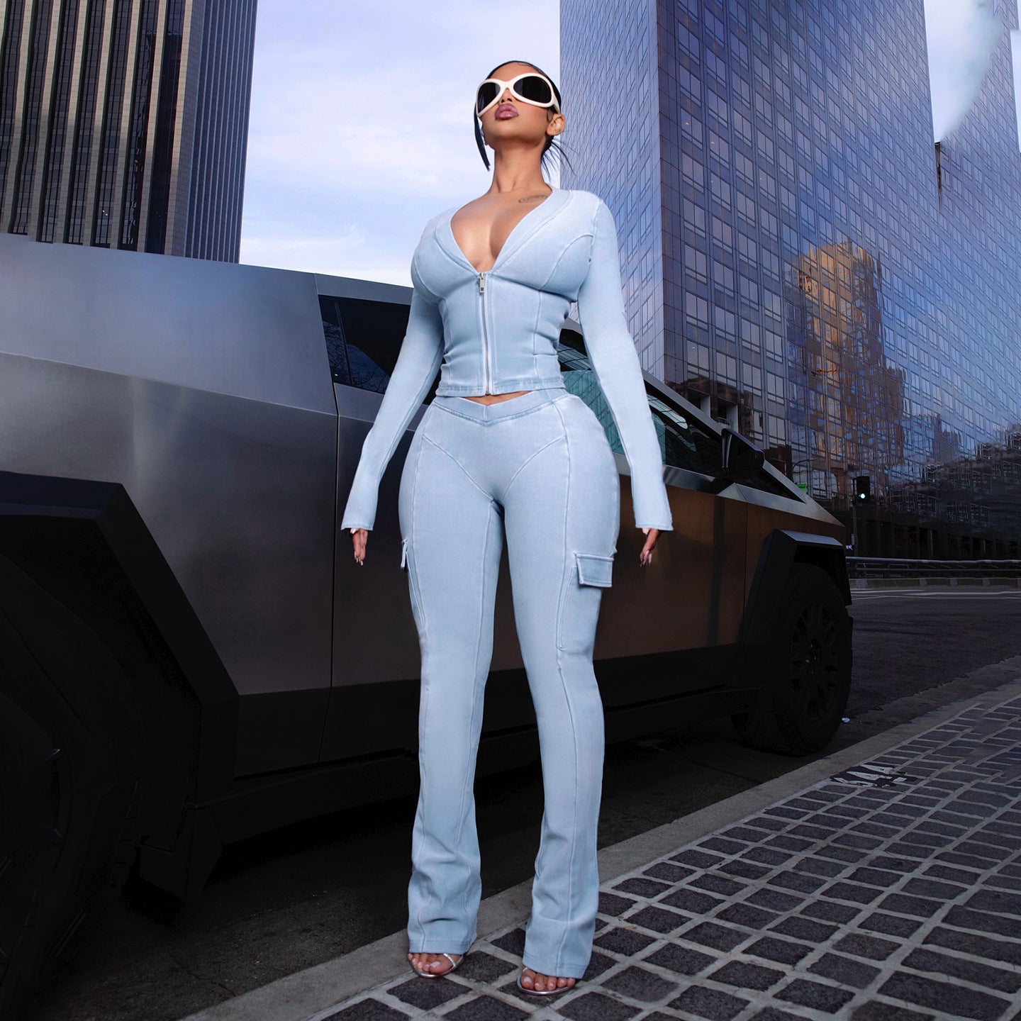 Women Casual Knitting V-Neck Long-Sleeved Zippered Hoodies and Sweatpants Two-Piece Set