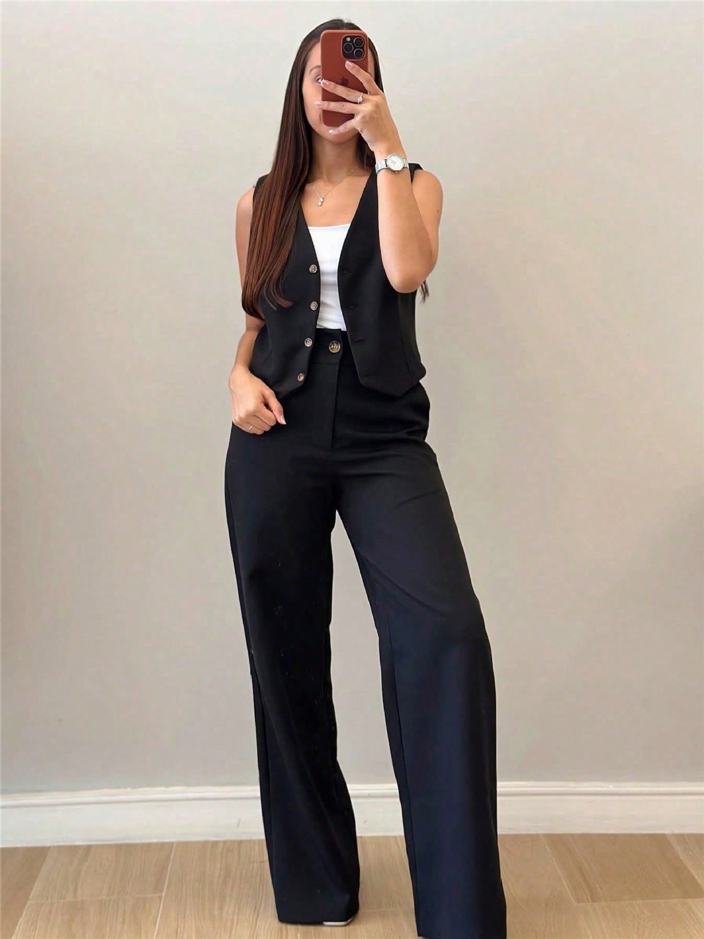 Women's Chic OL V-Neck Black Sleeveless Button Vest High-Waist Wide-Leg Pants Suit