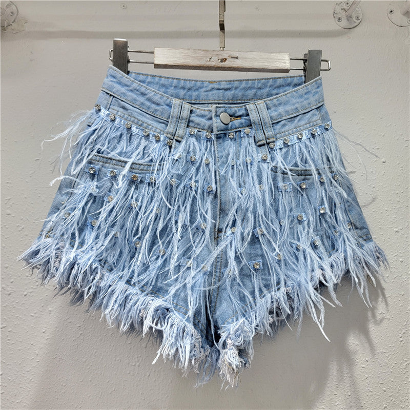 Women Summer Diamond Ostrich Feather Tassel Denim Shorts