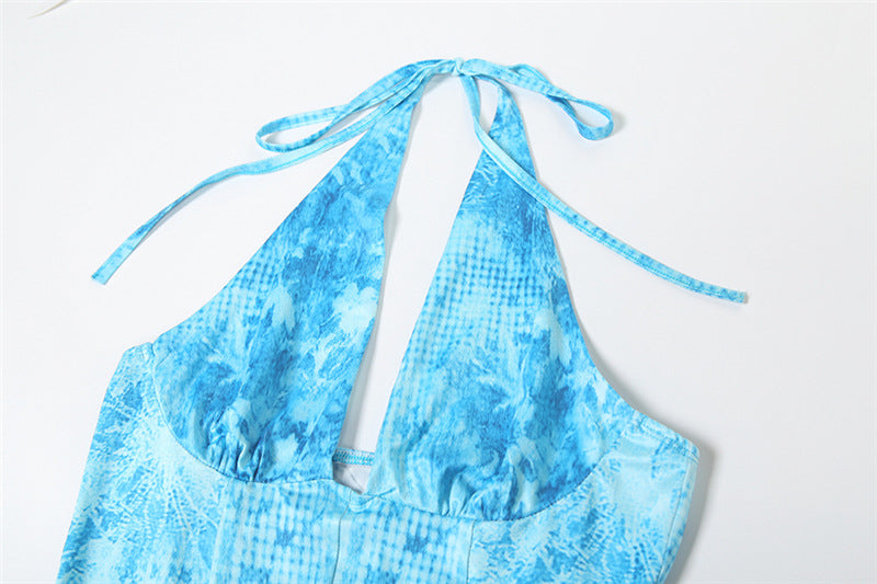 Women Spring Summer Sexy Contrast Halter Neck Lace-Up Backless Slit Dress 5