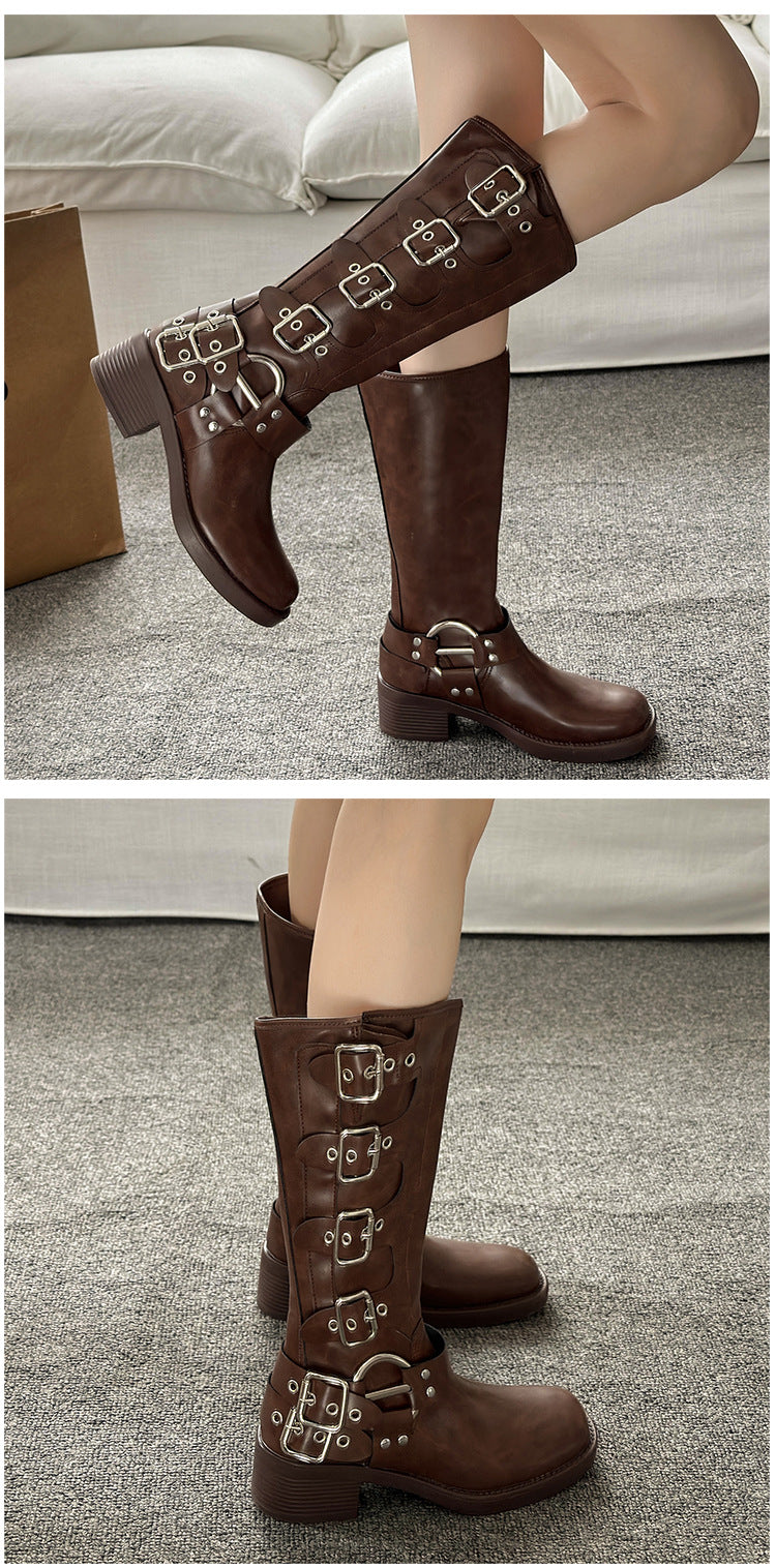 Women's Brown Knee-High Autumn Winter Leather Denim High Shaft Equestrian Boots 8