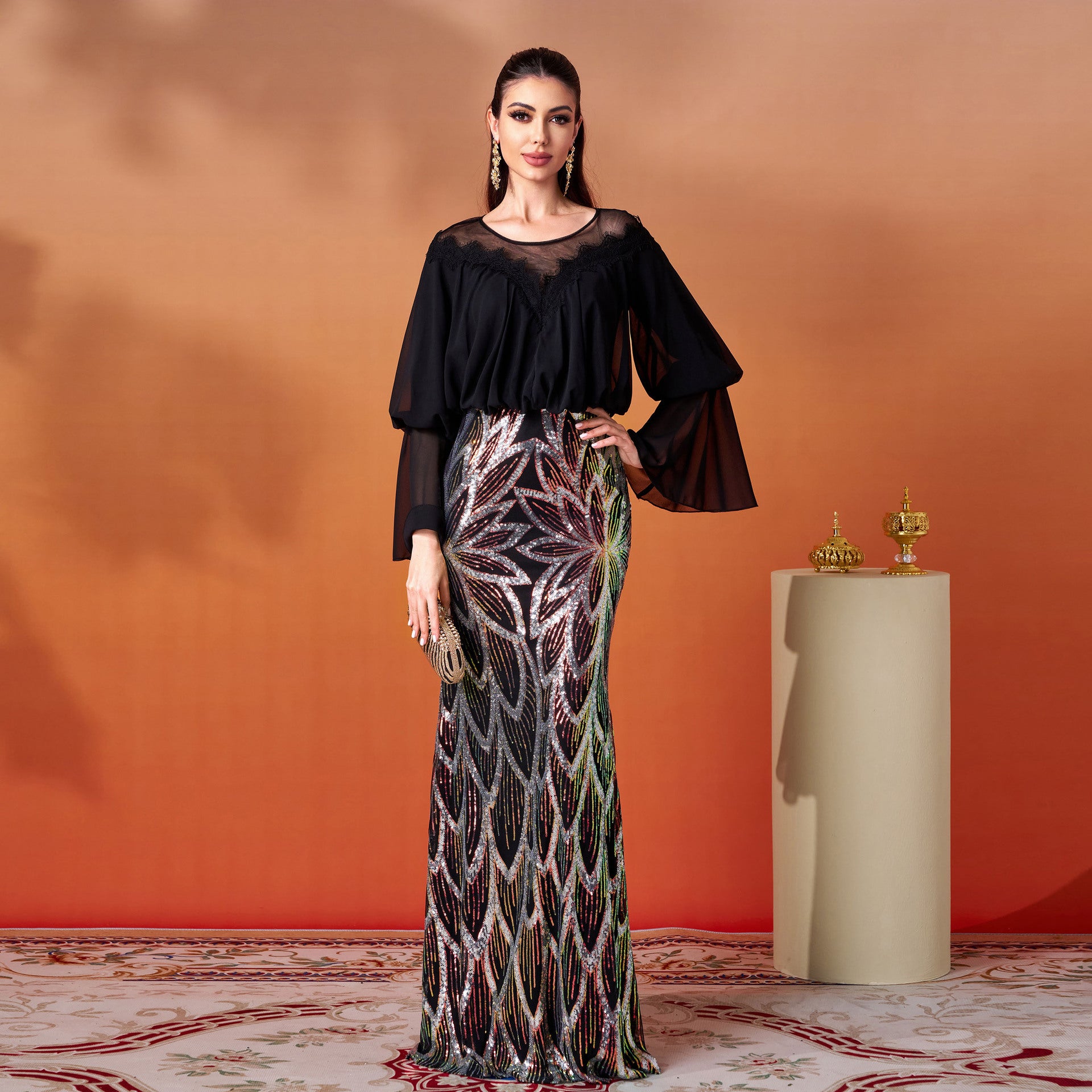 Women Long Sleeve Round Neck Sequin Formal Party Bodycon fishtail evening dress 6