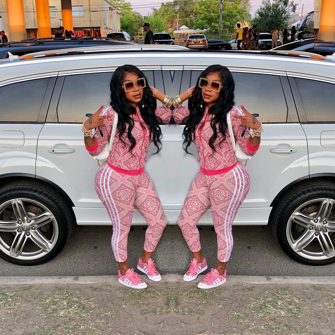 Autumn Printed Stripes Zipper Sports Two Piece Pants Set