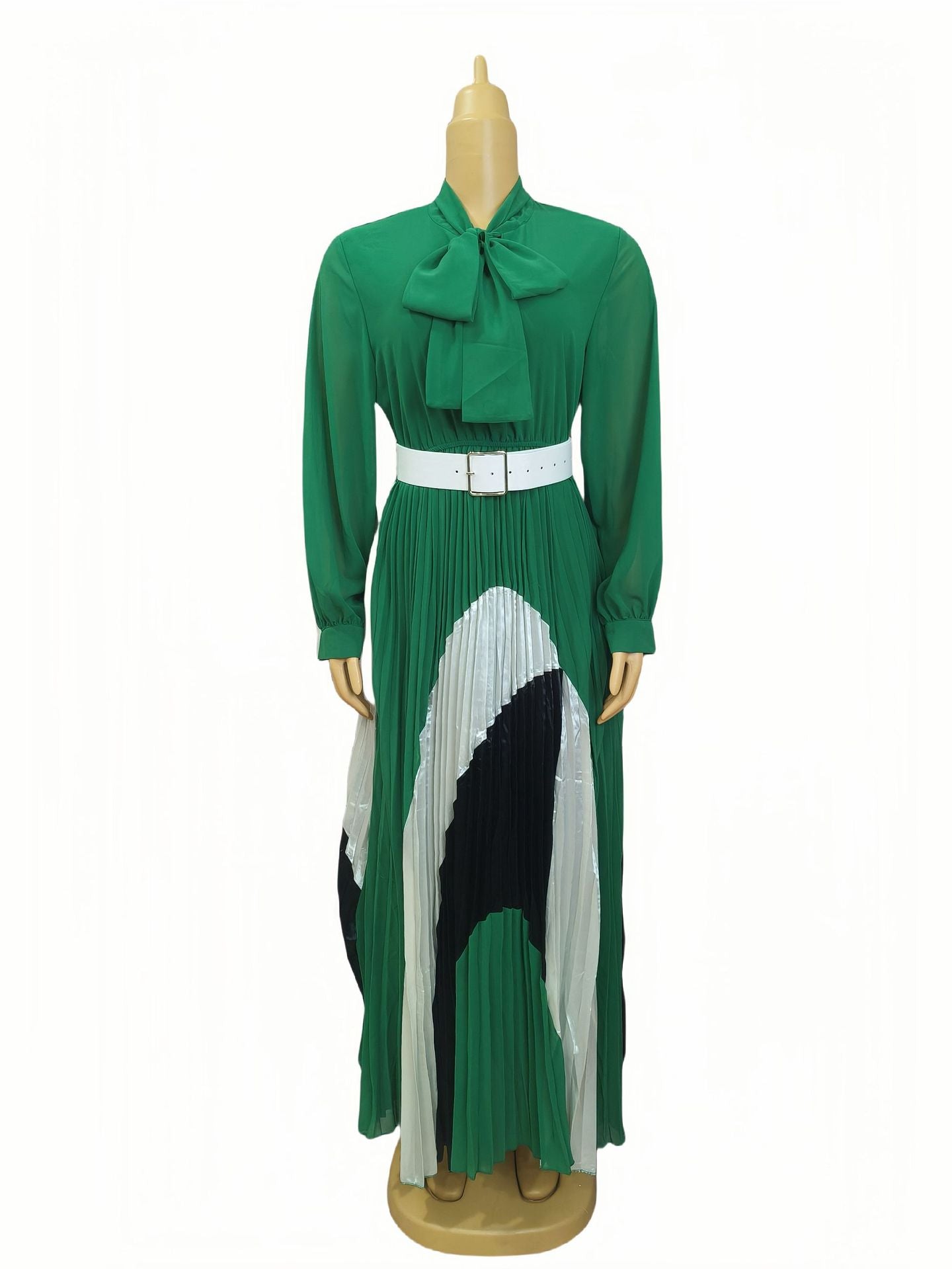Plus Size African Women Lace-Up Long Sleeve Color Block Pleated Elegant Dress 3