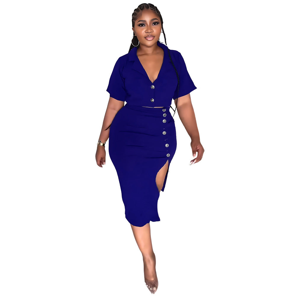 Women Summer Polo Neck Short Sleeve Blazer and Slit Skirt Career Two-Piece Set 14