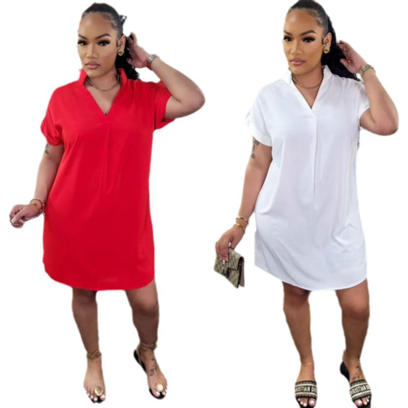 Women Sexy Solid V Neck Short Sleeve Turndown Collar Solid Dress 8