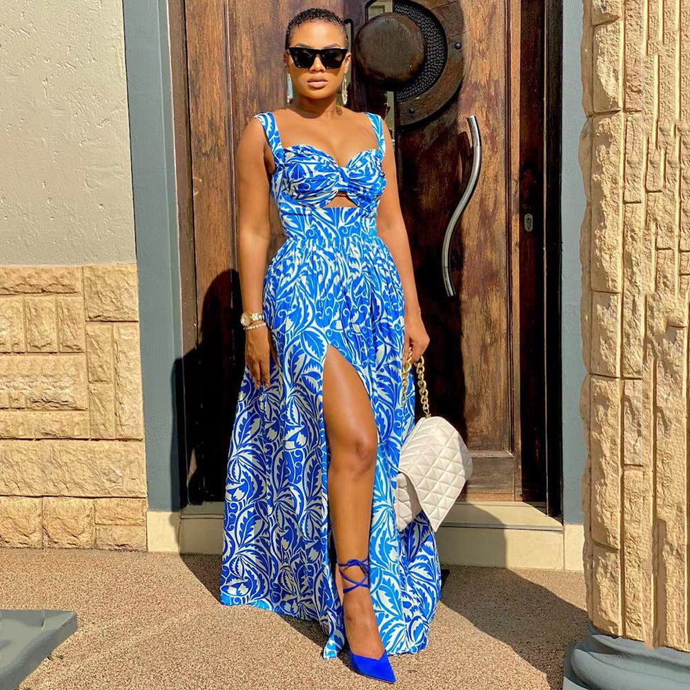 Women Summer Sexy Halter Print Slit Maxi Dress 3