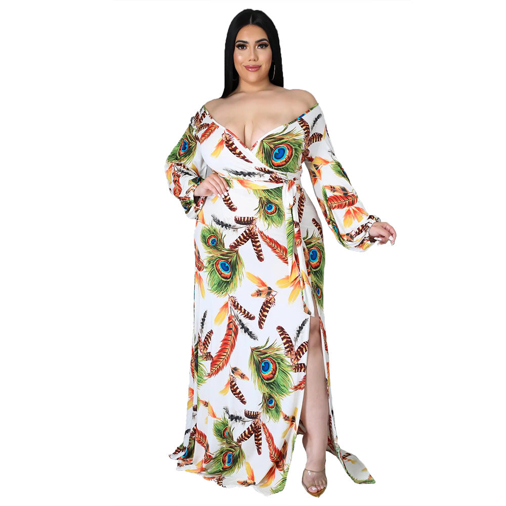 Plus Size Women Feather Print Sexy Slit Dress 6