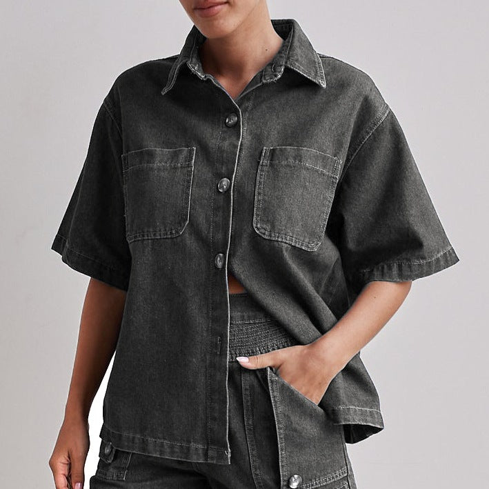 Summer Women's Casual Loose Denim Shirt Shorts Set 11