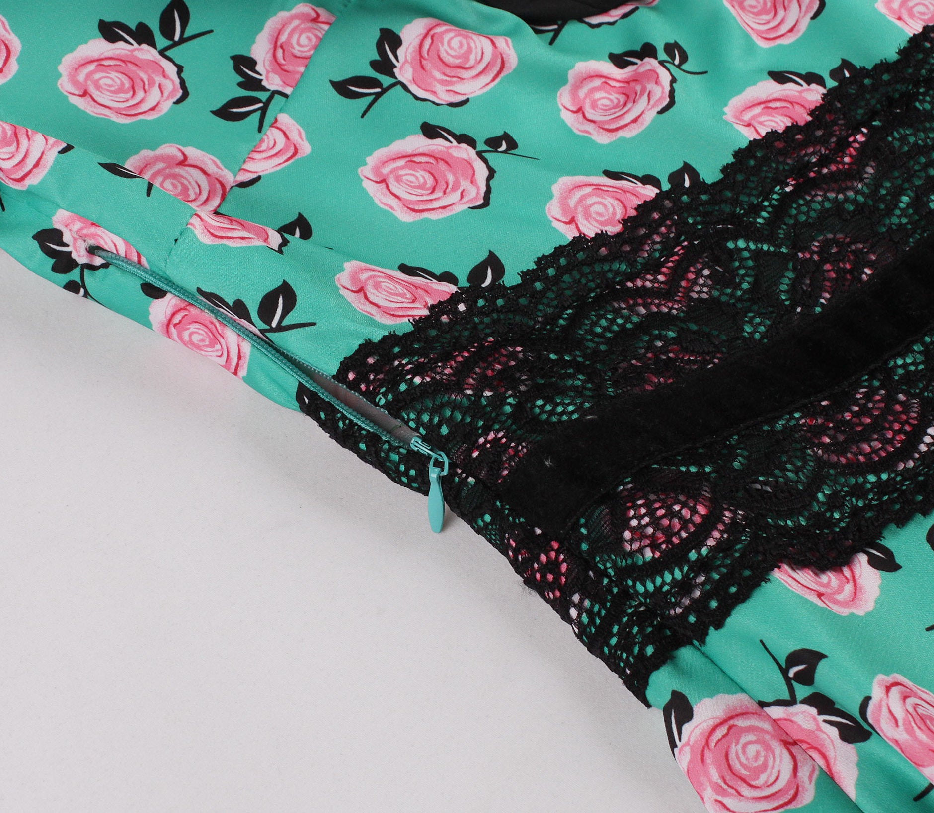 Lace Slim Waist Short Sleeve Rose Print High Waist Chic Retro Swing Dress For Women 14