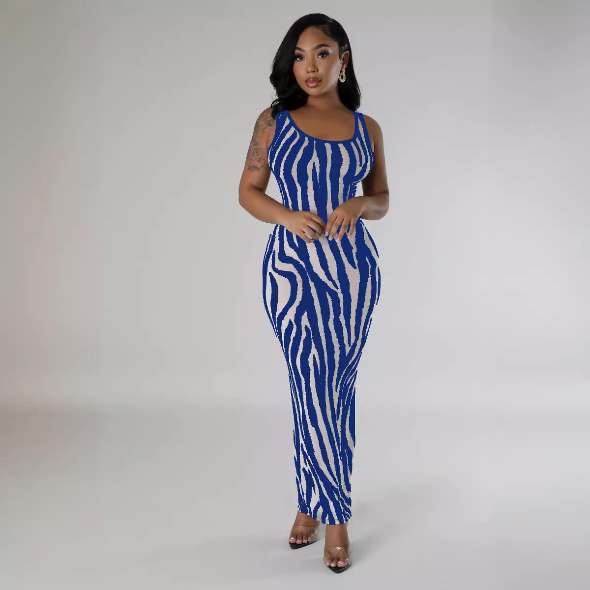 Summer Women's Zebra Print Sleeveless Hollow Long Dress 11