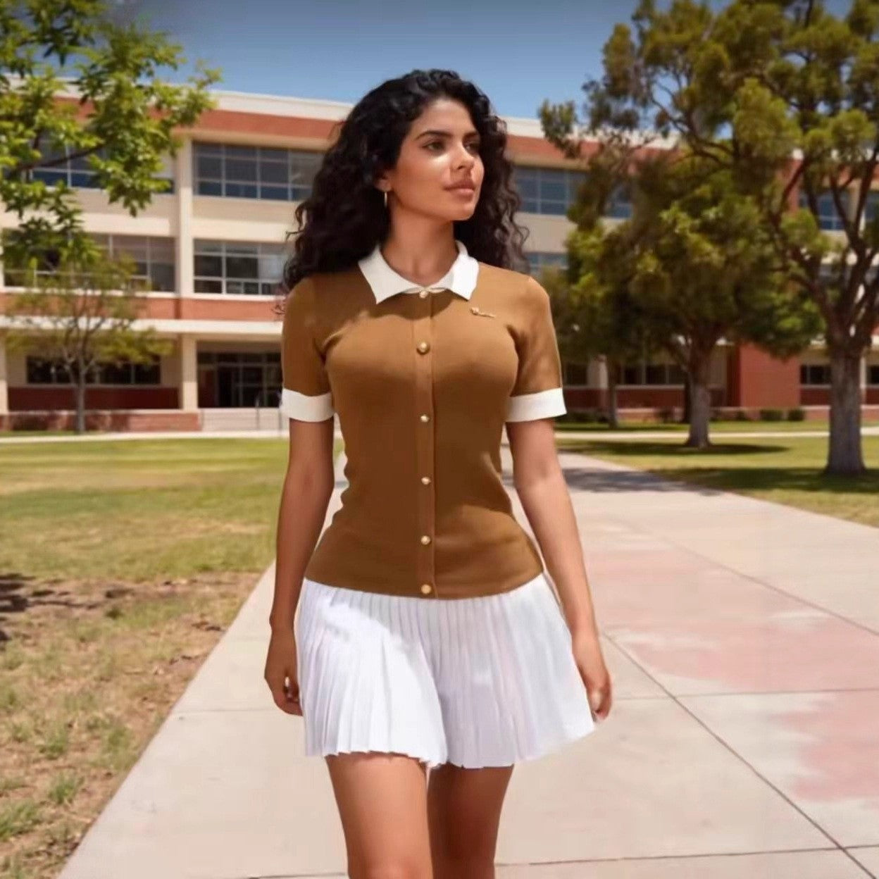 Women Contrast Color Turndown Collar Knitting Short-Sleeved Pleated Dress 4