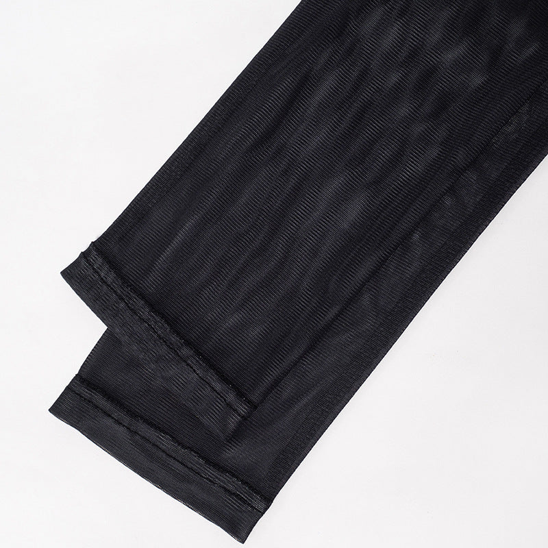 Women American Printed Mesh Long Sleeve Round Neck Dress 13