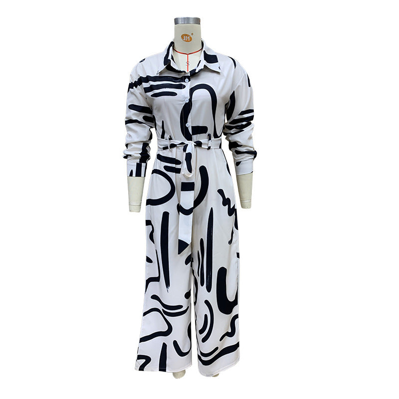 Women Casual Print Turndown Collar Jumpsuit 9