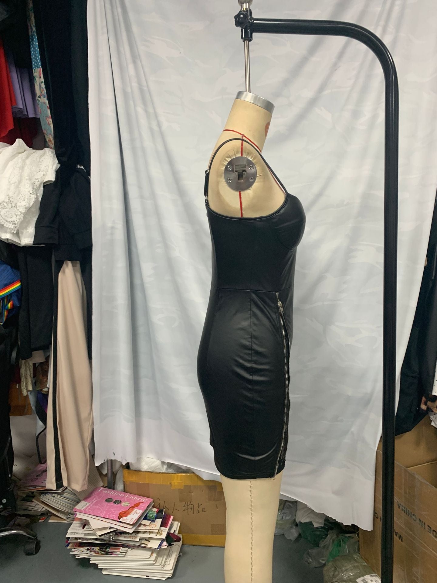 Black Lace Patchwork Pu Leather Tight Fitting Sexy Strap Women Dress 6