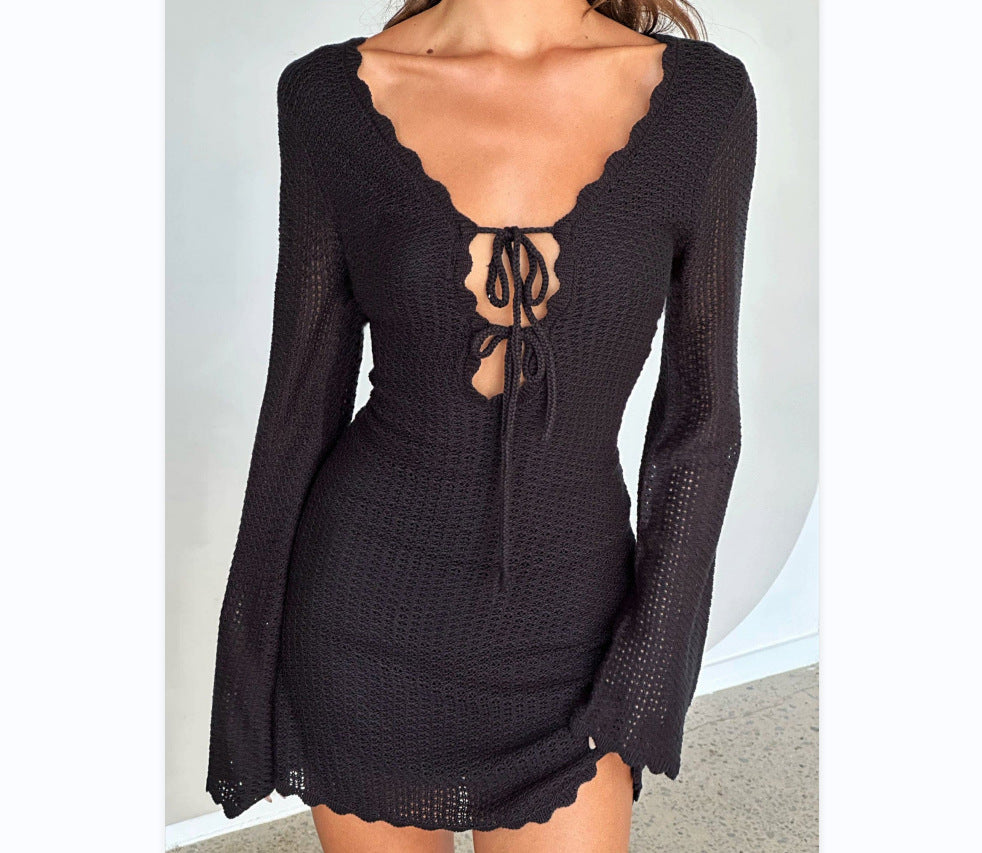 Women's Sexy Long-Sleeve Lace-Up Knitted Mini Dress 8