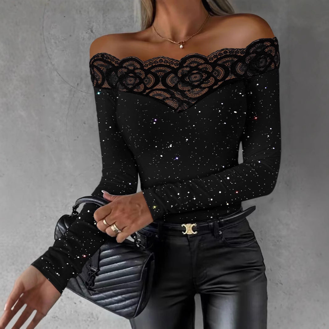Women lace Off Shoulder sexy black long sleeve Top 3