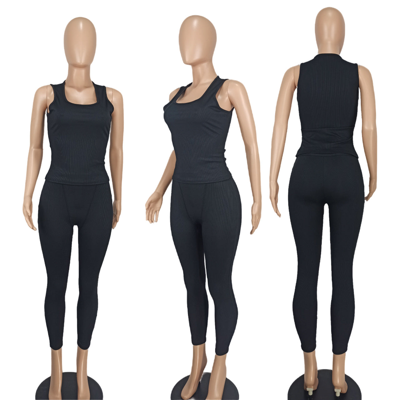 Women's Fashion Ribbed Solid Color Vest Tight Fitting Pants Two-Piece Set 19