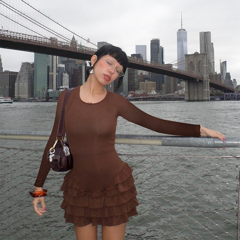 Spring Solid Color Round Neck Long Sleeve  High Waist Slim Ruffle Women's Dress