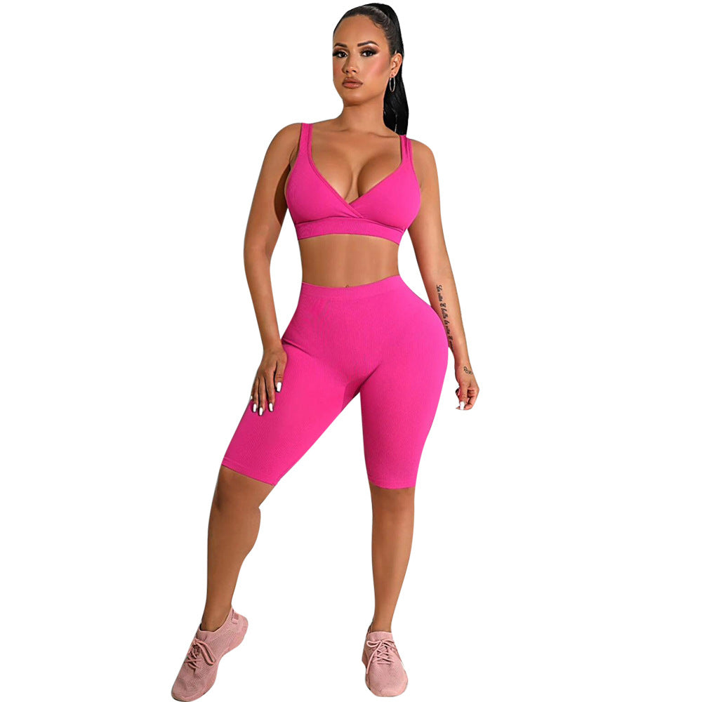 Summer fashionable beach holidays casual ribbed solid color two-piece shorts set 11