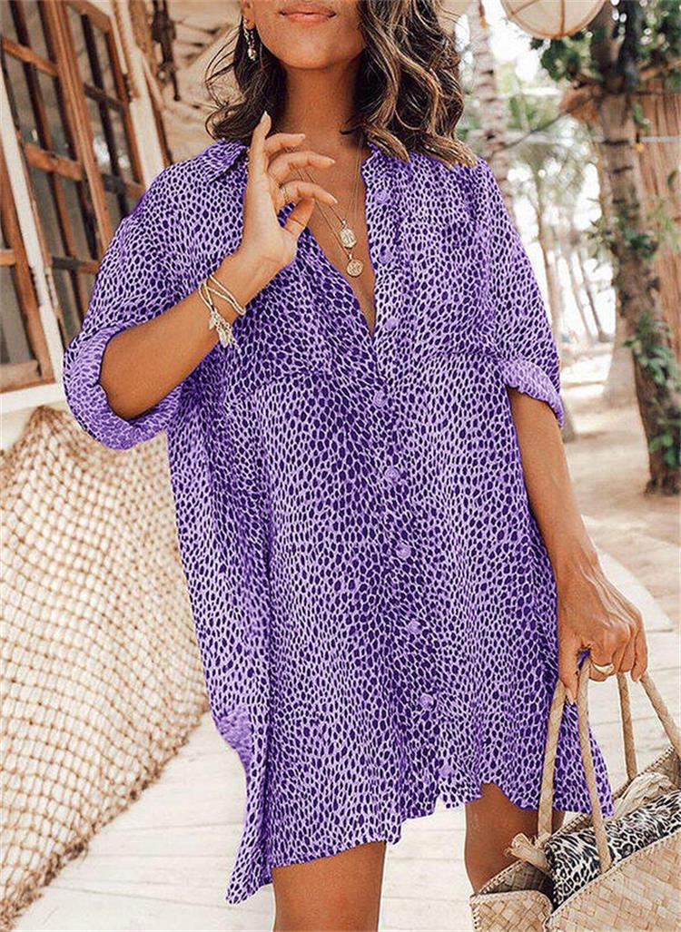 Women leopard print long-sleeved shirt dress 10