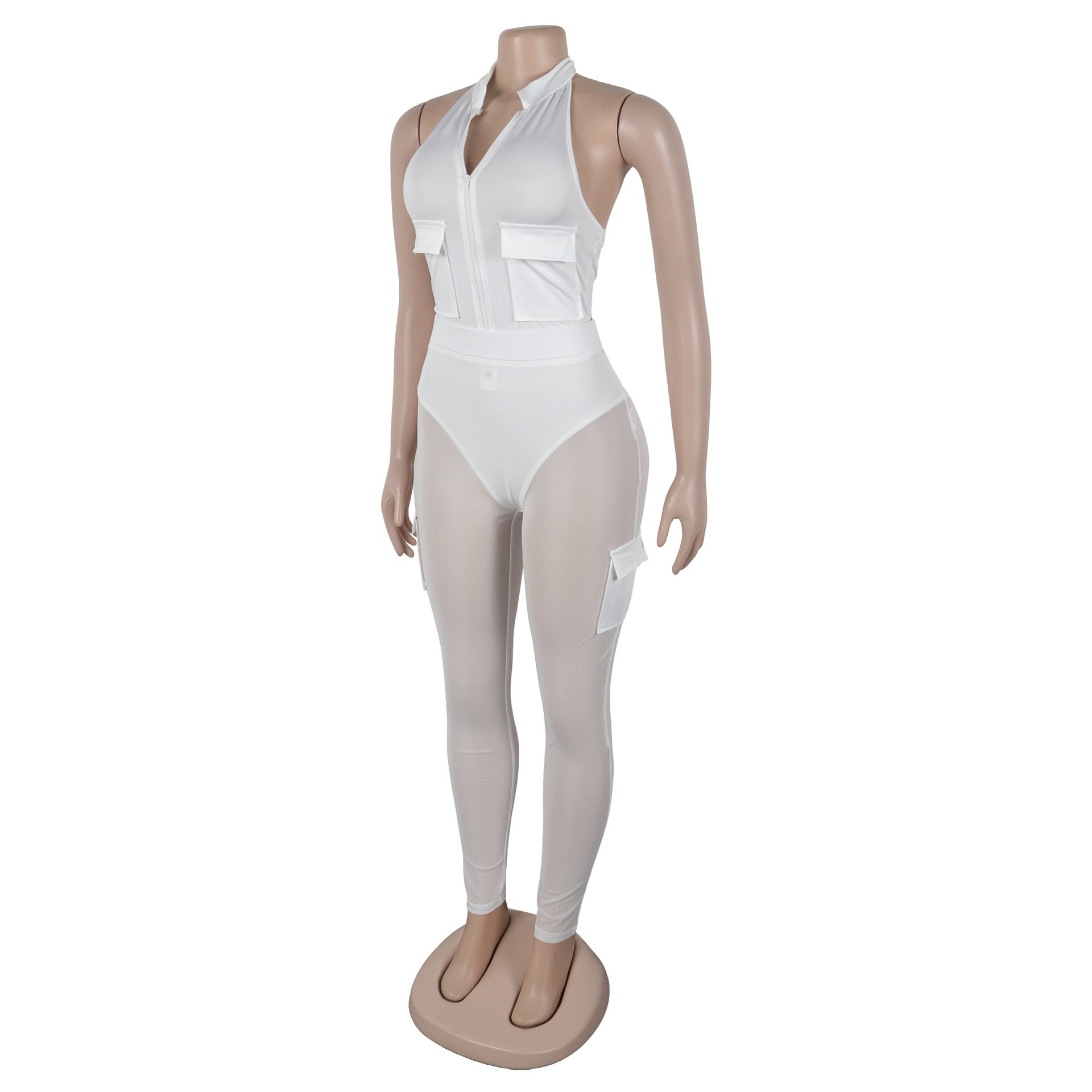 Summer Deep V-Neck Sleeveless Tight-Fitting Bodysuit Pocket Mesh Pants Set 34