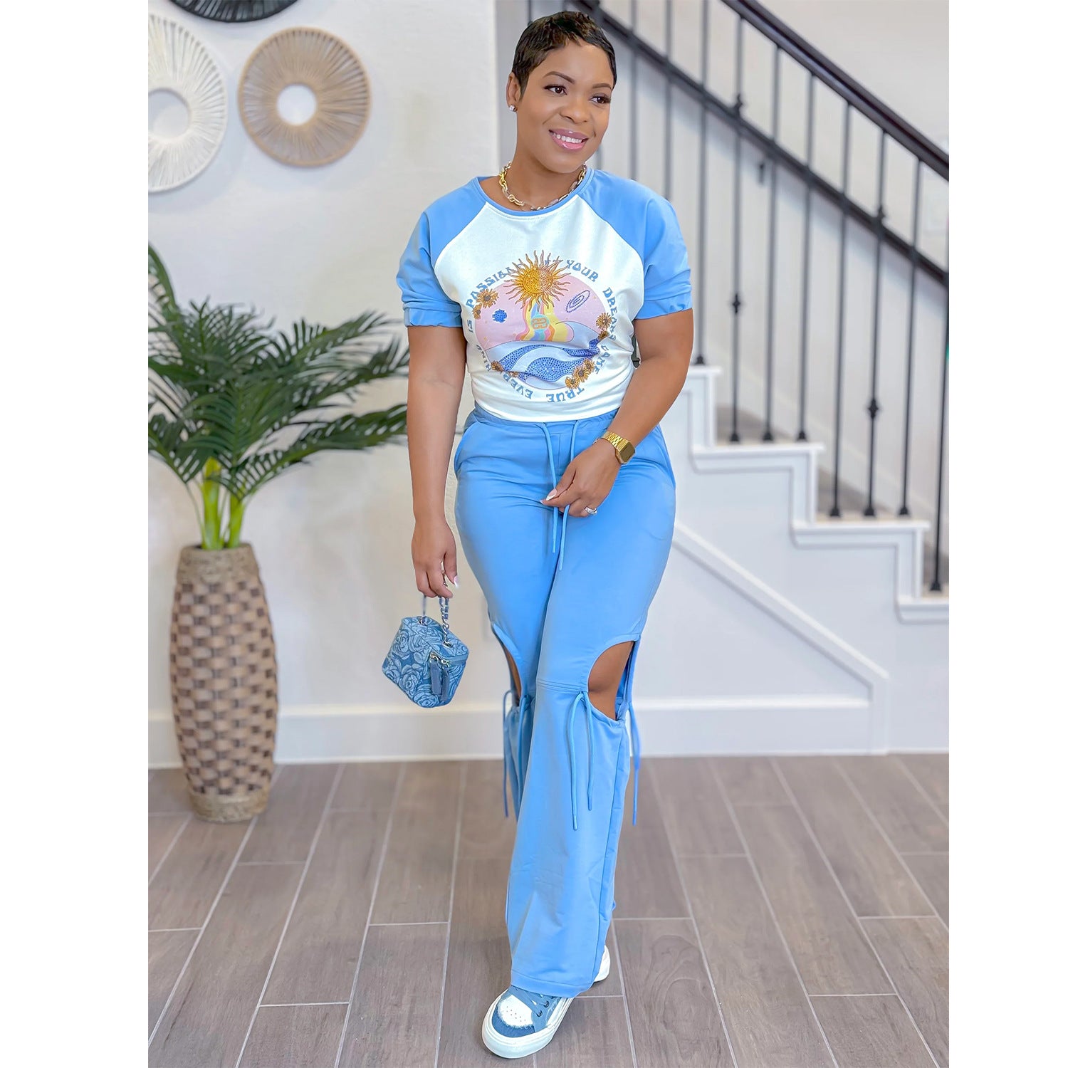 Women printed short-sleeved top and Pants two-piece set 6