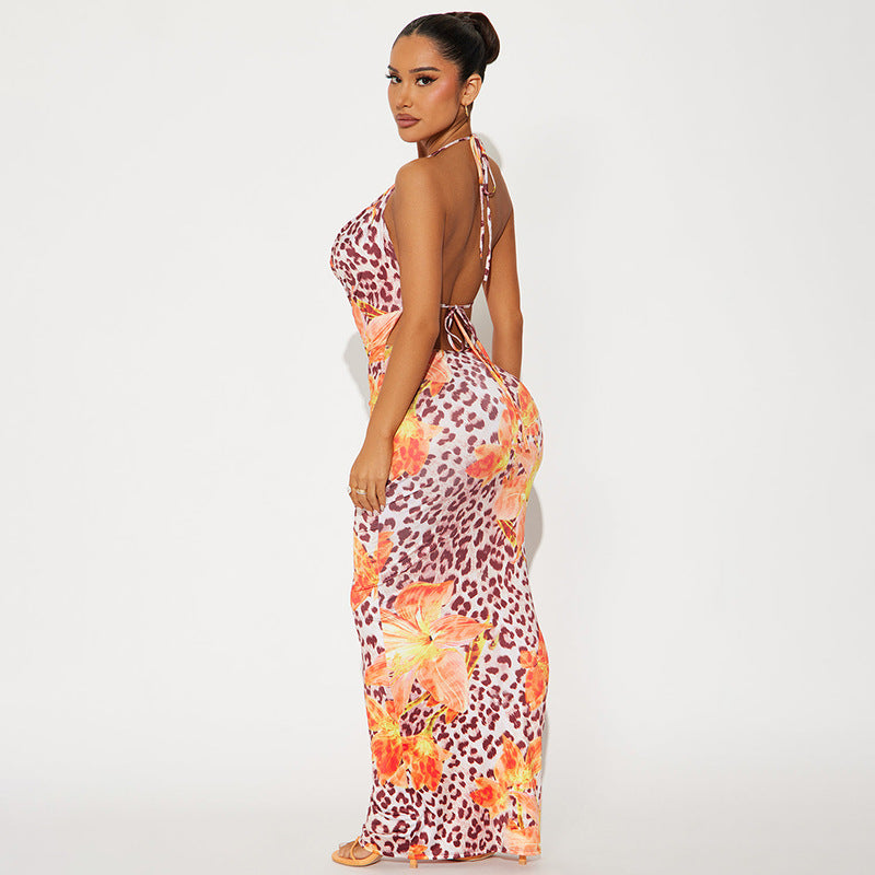 Women's Chic Flower Leopard Print V-neck Low Back Slim Long Dress 31