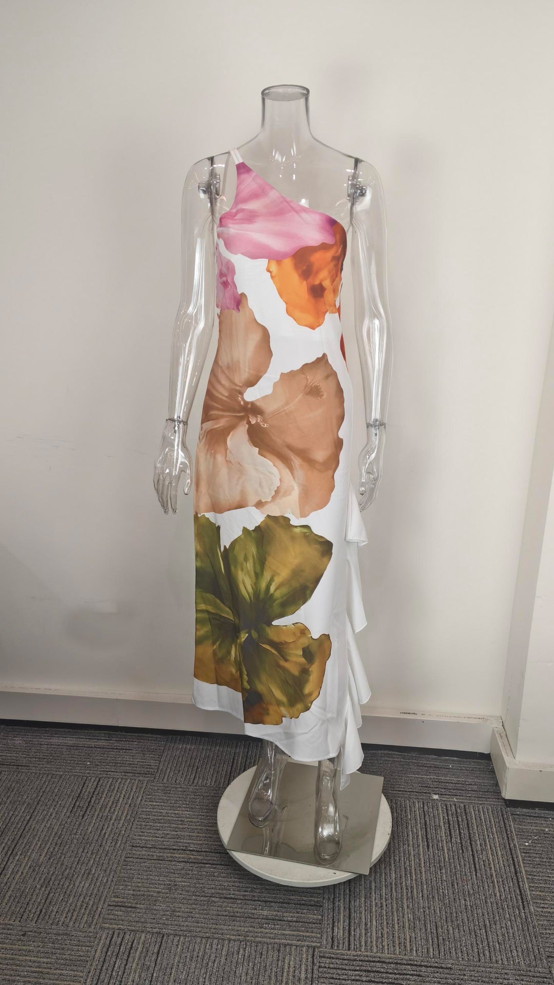 Women Spring Elegant Sleeveless One-Shoulder Printed Dress 8