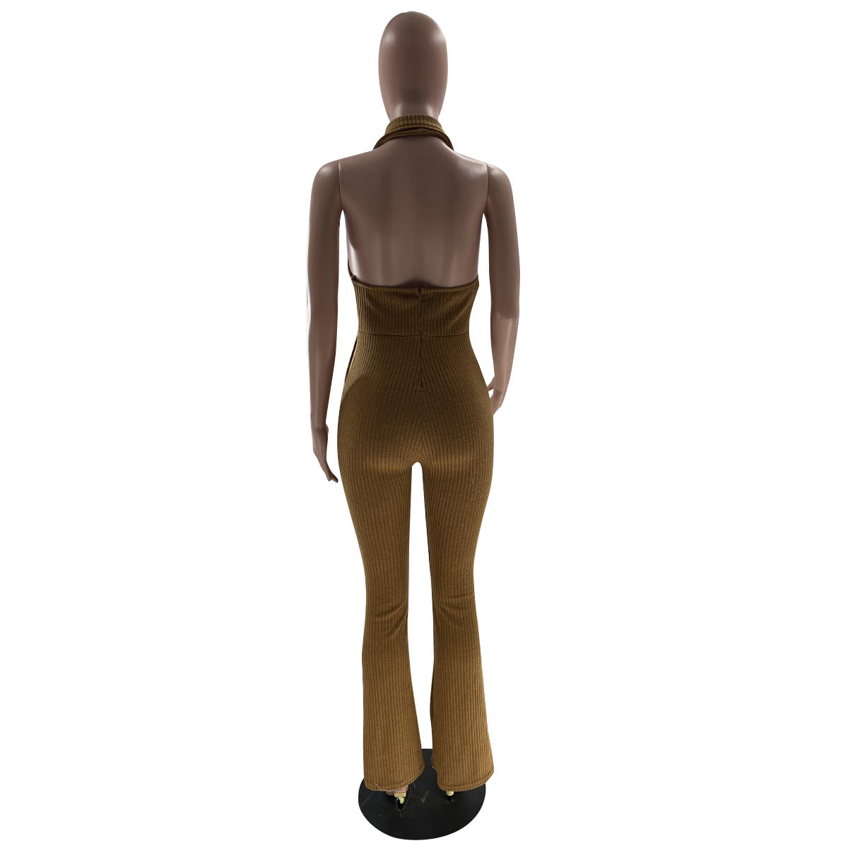 Women's Solid Color Sexy Low Back Halter Neck Turndown Collar Jumpsuit 13