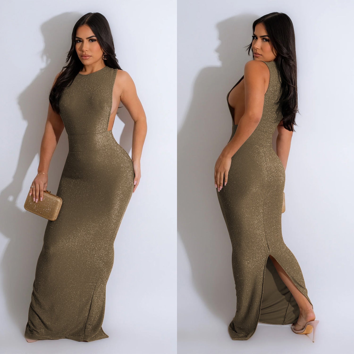 Fashion Women's Solid Color Round Neck Sleeveless Slit Maxi Dress 6