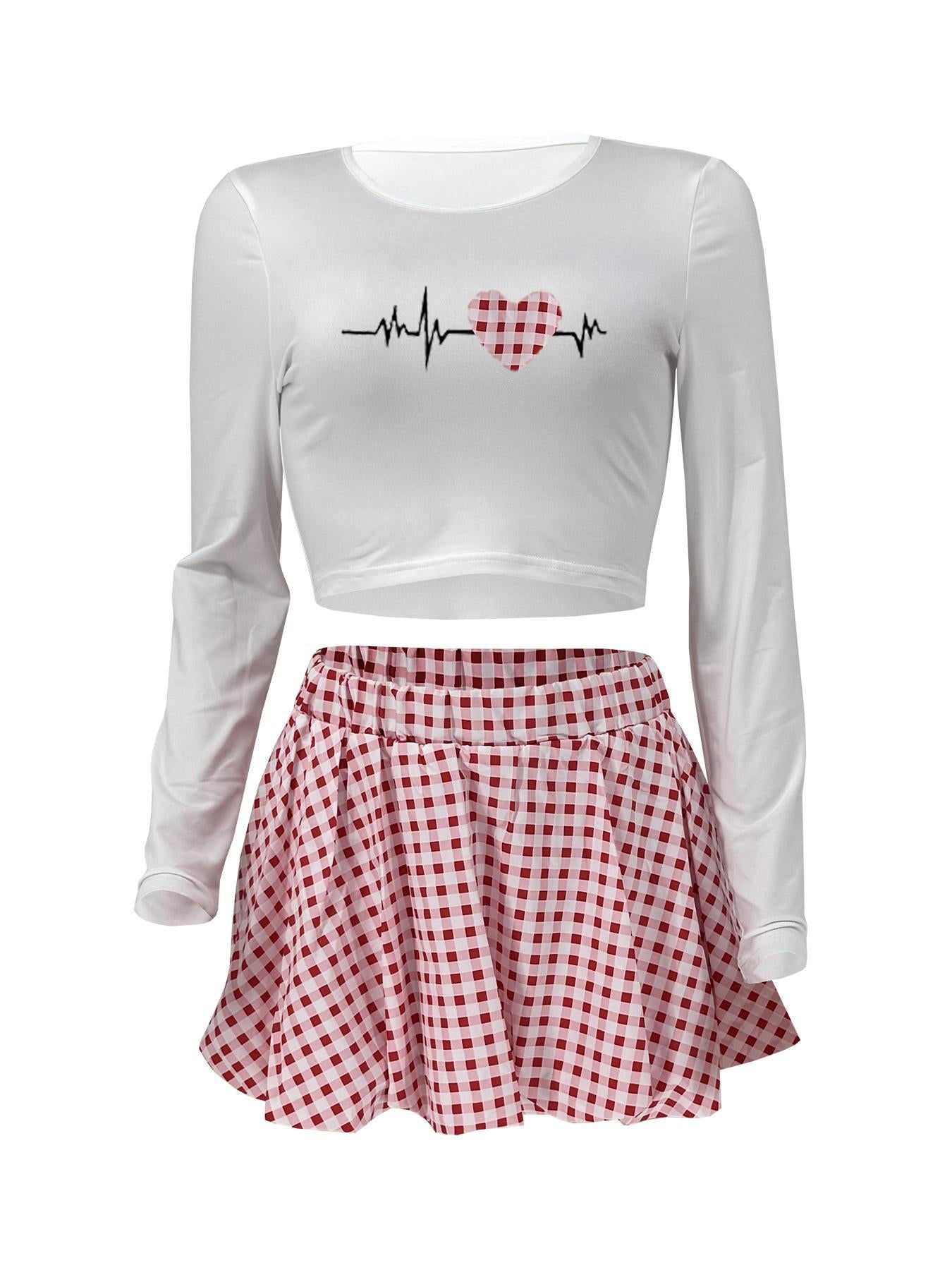 Women Casual Top and Plaid Flower Bud Skirt Two-piece Set 23