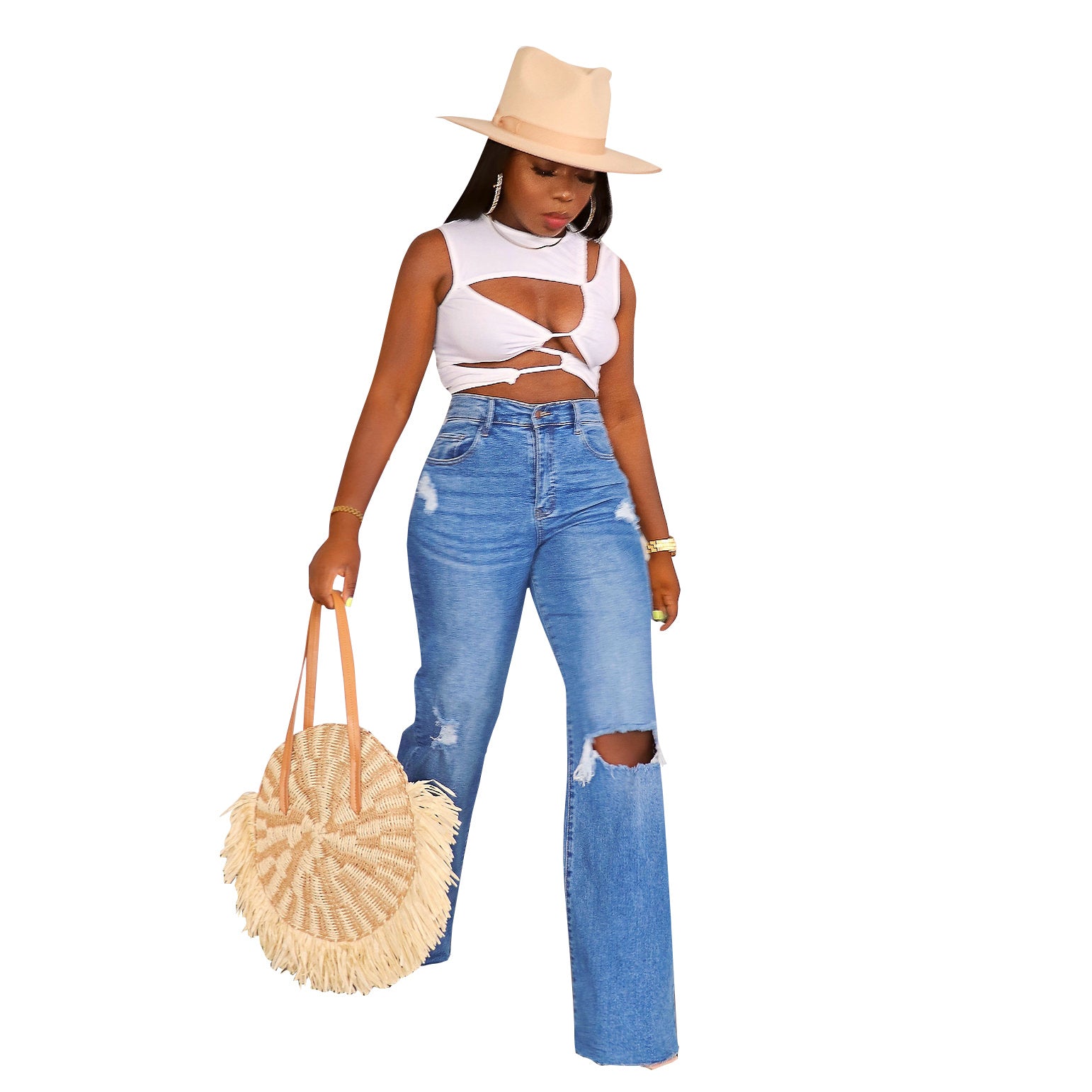 Women Ripped Denim Washed Wide Leg Straight Pants 9