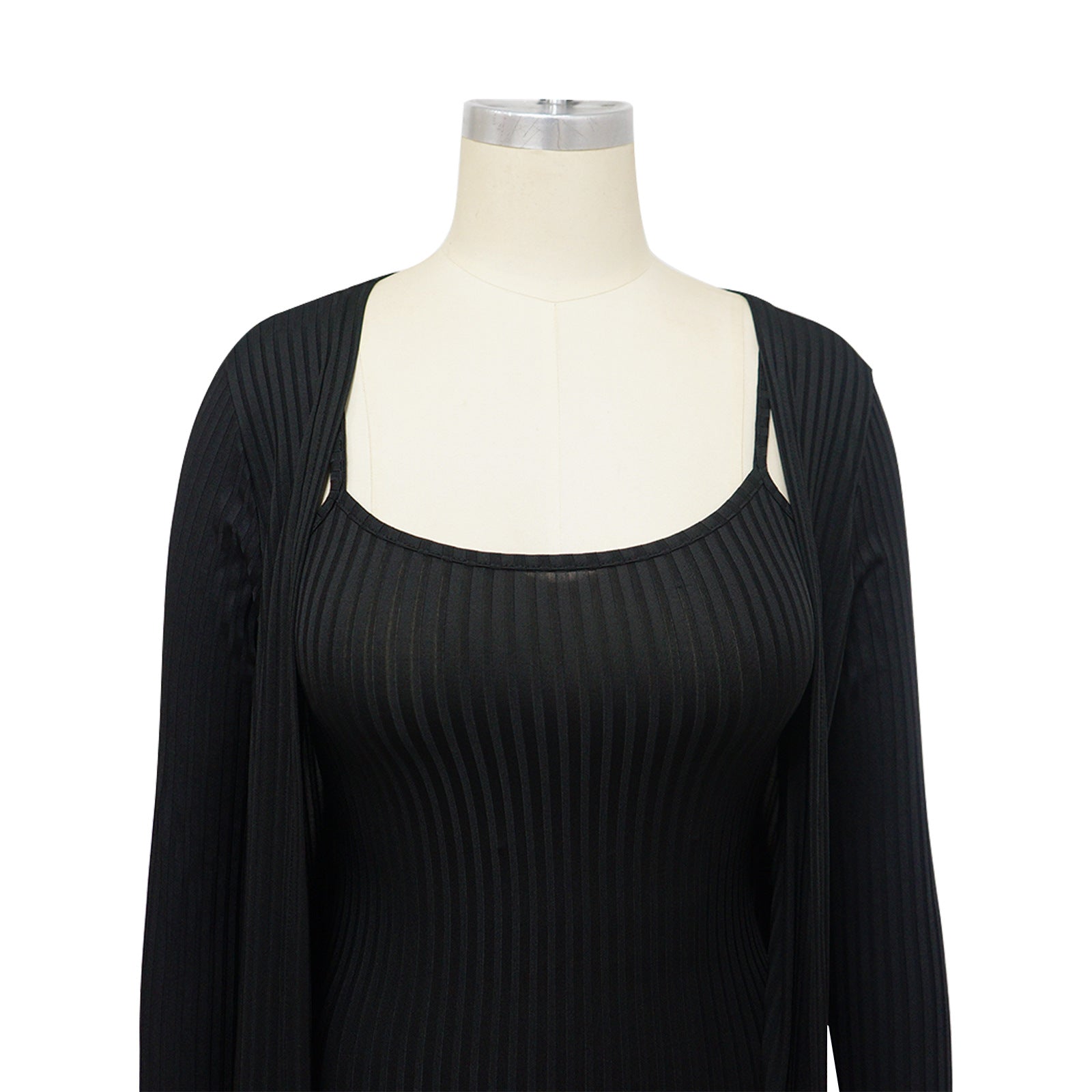 Women Ribbed Long Sleeve Robe and U-neck Suspender Midi Dress Two-piece Set 26