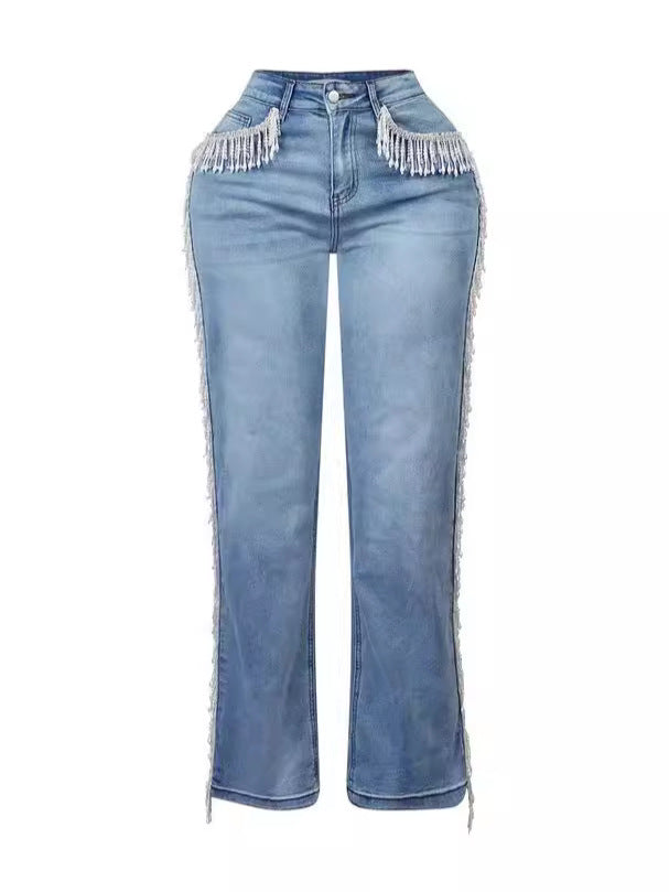 Straight-Leg Denim Pants Autumn High Waist Fashionable Retro Tassel Jeans 4