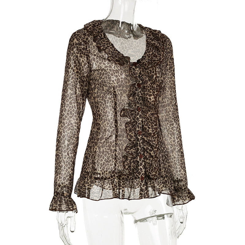 Women Sexy Ruffle Edge V Neck Animal Print Bell Bottom Sleeve Top 6