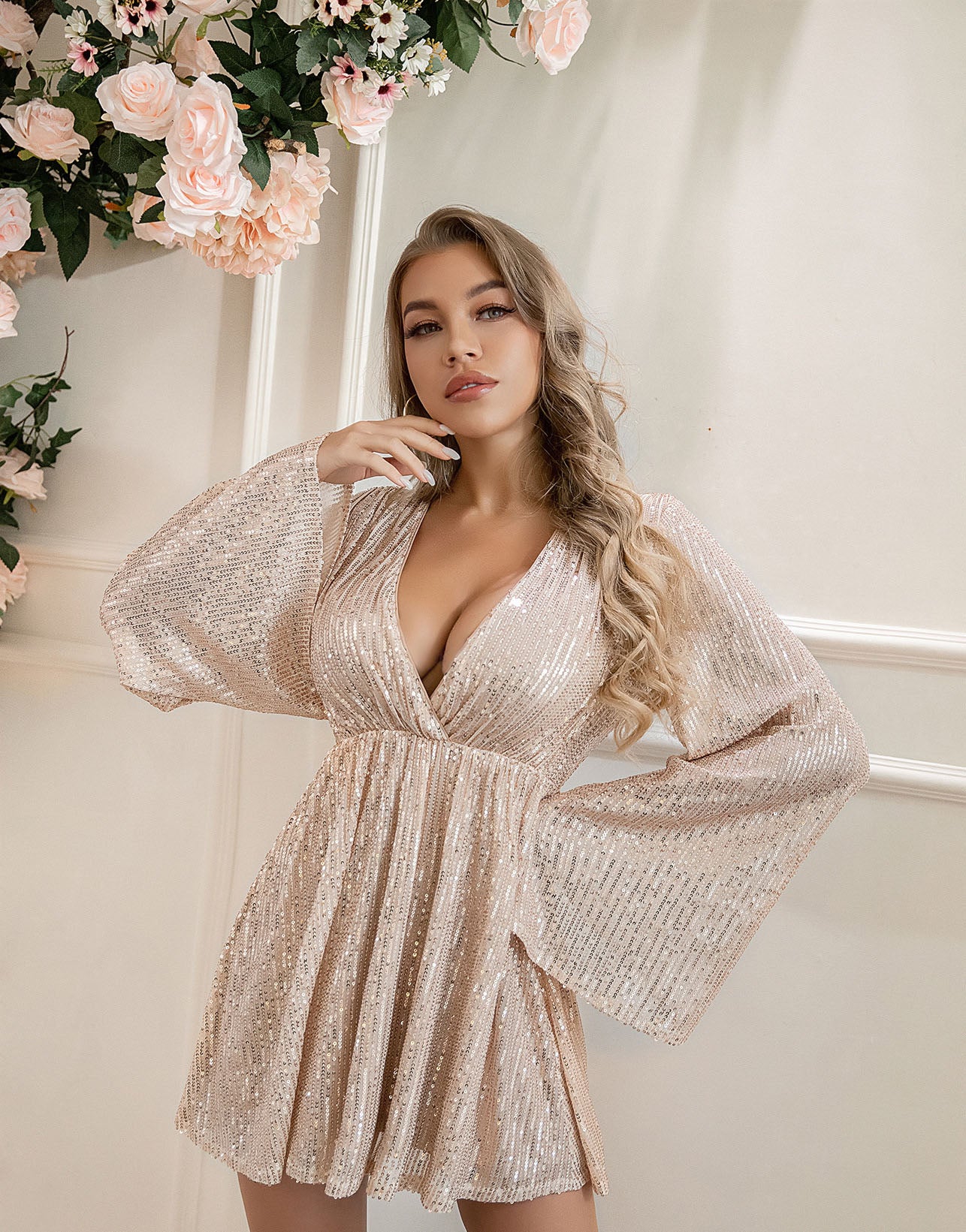 Women's Fashion Deep V Neck Loose Long Sleeve Sequin Dress 6