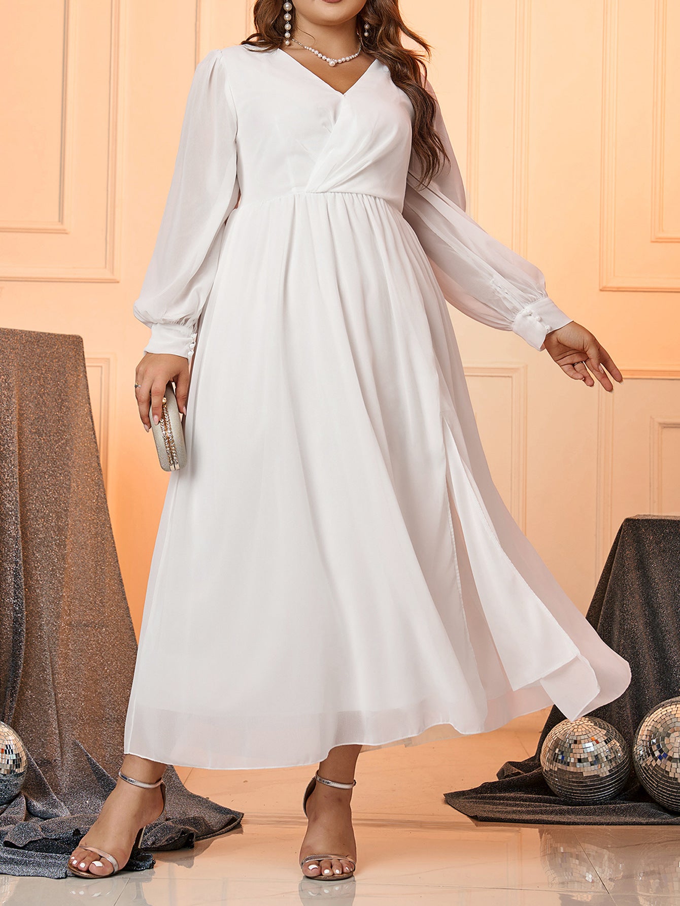 Spring Summer Women's V-Neck Long-Sleeved Chiffon Back Tie Plus Size Dress 5