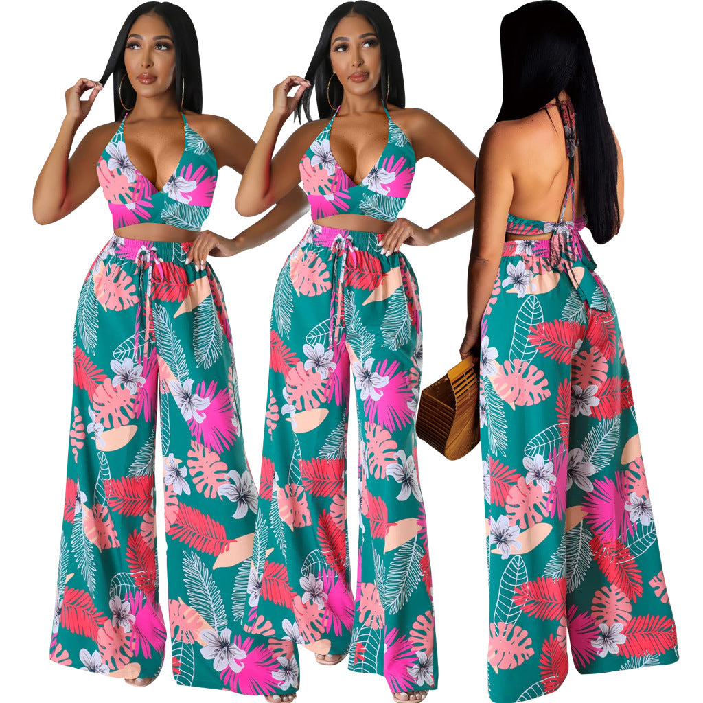 Women Sexy Printed Suspender Lace-Up Top and Pant Two-piece Set 4