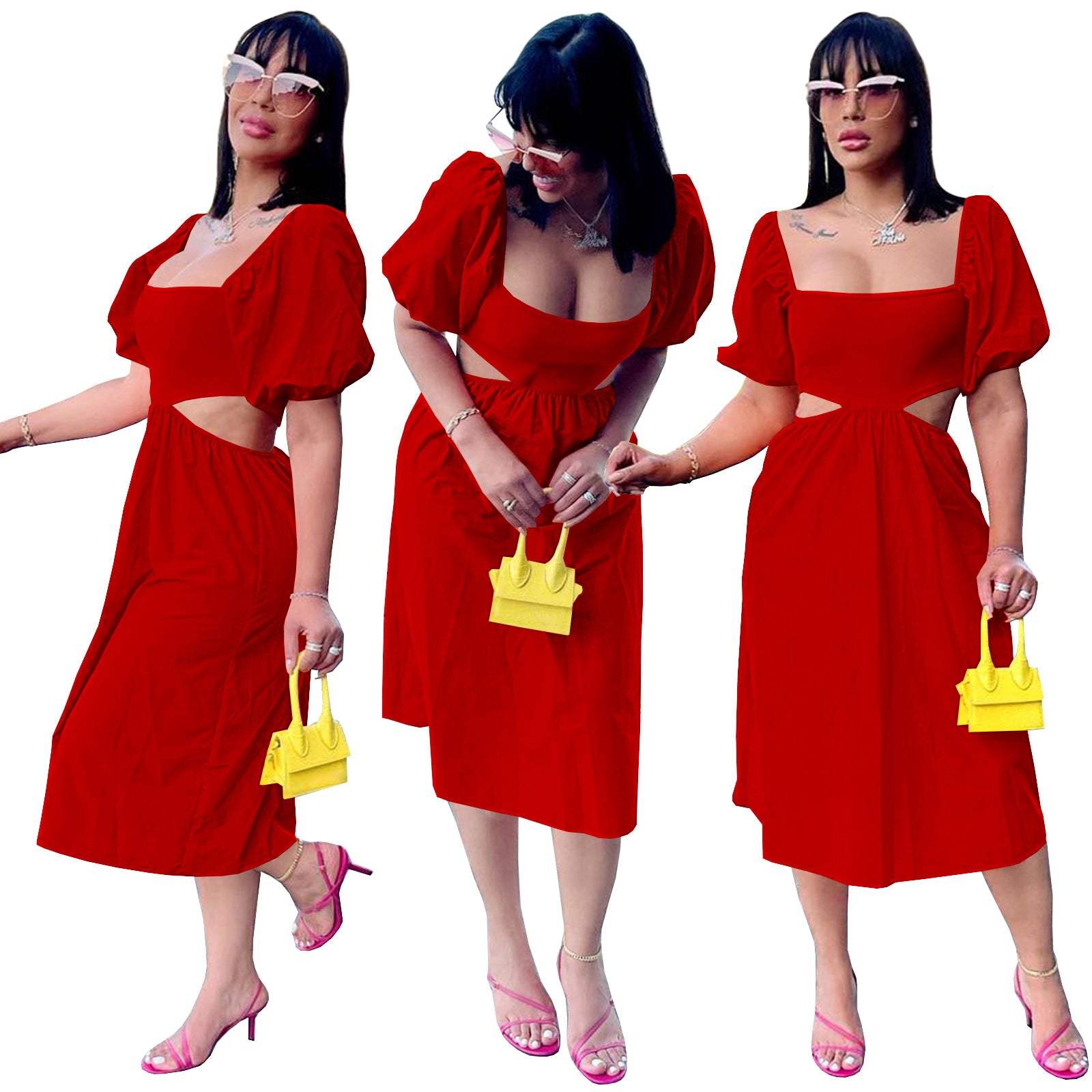 Women Solid U Neck Lantern Short Sleeve Irregular Dress