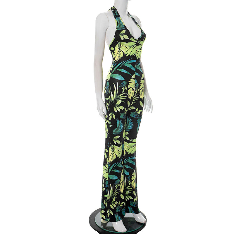 Women's Spring-Summer V-Neck Halter Lace-Up Leaf Print Flared Jumpsuit 6