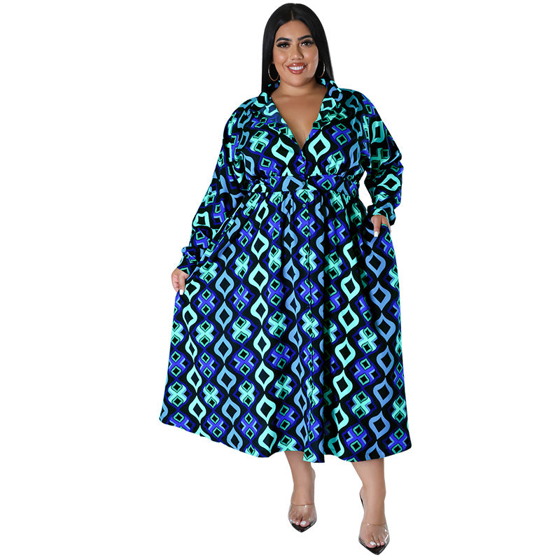 Plus Size Women Fall Long Sleeve Printed Casual Shirt Dress with Belt 6